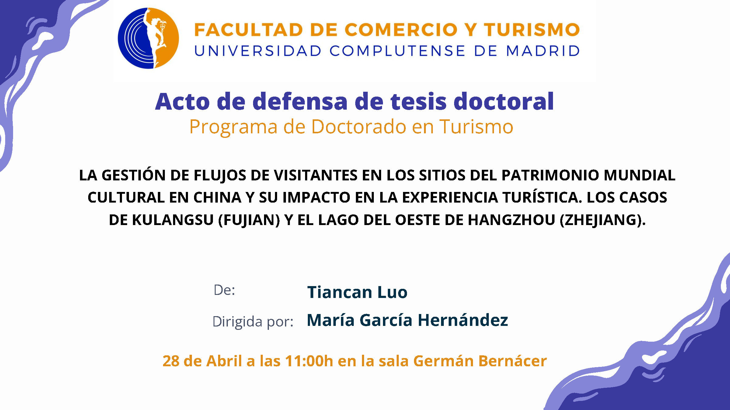 Defensa de la tesis doctoral de D, Tiancan Luo. 28 de abril a las 11:00 h.  
